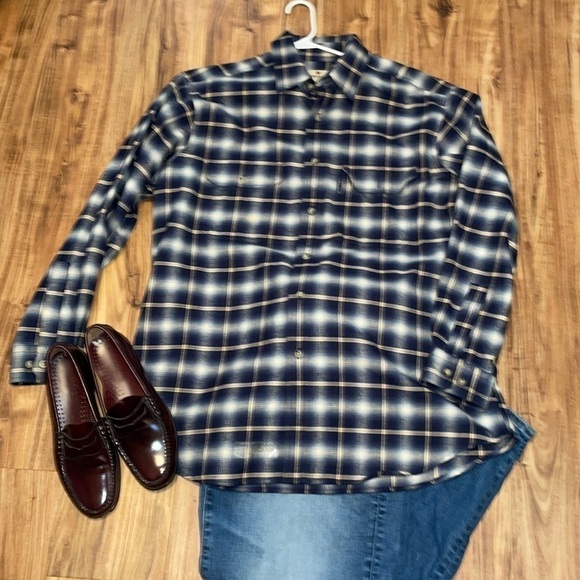 Woolrich men’s shirt Large button down plaid long sleeve flannel blue yellow - Picture 1 of 6